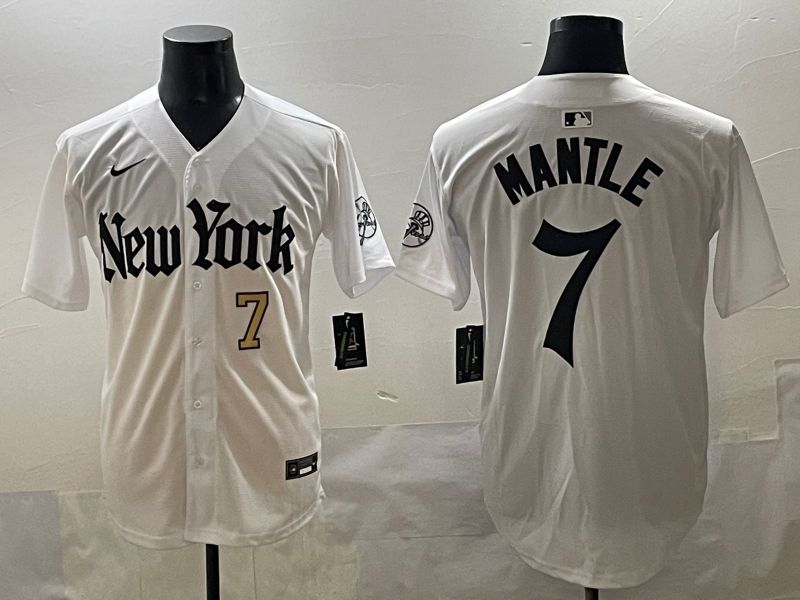 Men 2025 New York Yankees 7 Mantle White Five generations Joint Name Nike MLB Jersey style 4